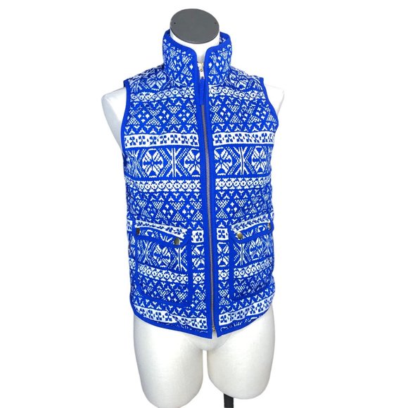 J Crew Puffy Winter Vest Womens PXS Blue White Pockets Fair Isle Excursion Outer - Picture 15 of 15
